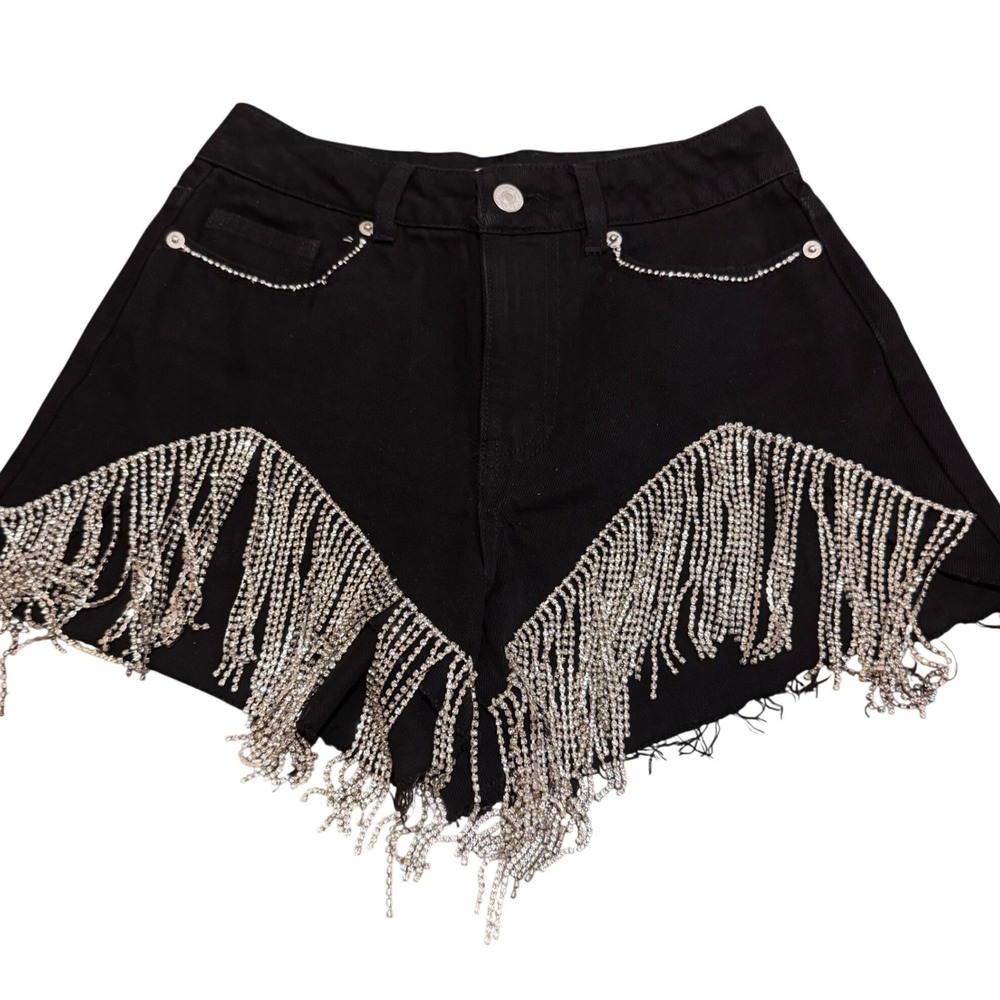 Forever 21 Black Denim Rhinestone Fringe Statement Festival High Waist Shorts 24